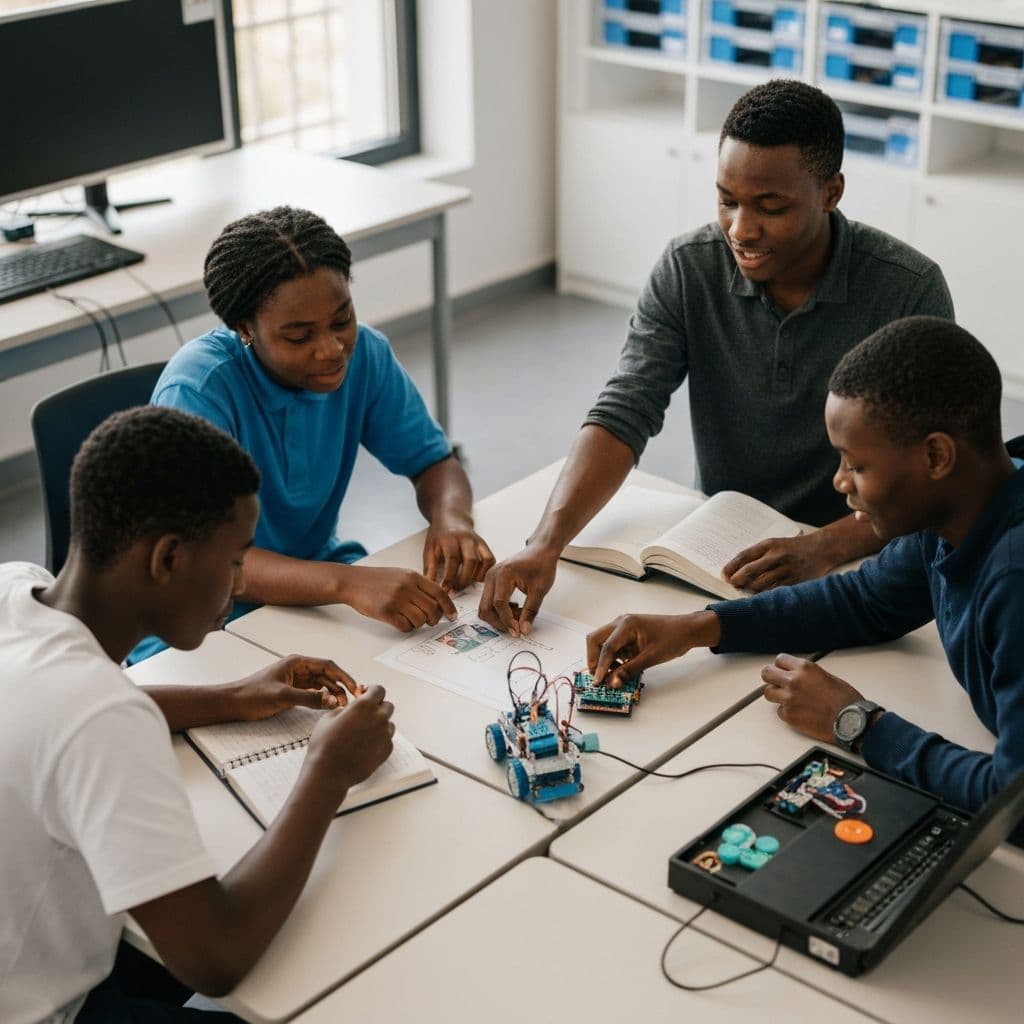 A small group of African students sharing robotics equipment productively
