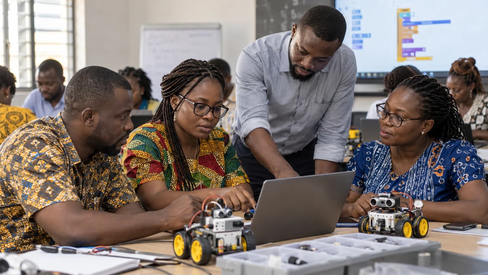Ghanaian teachers practising AI and robotics during professional development