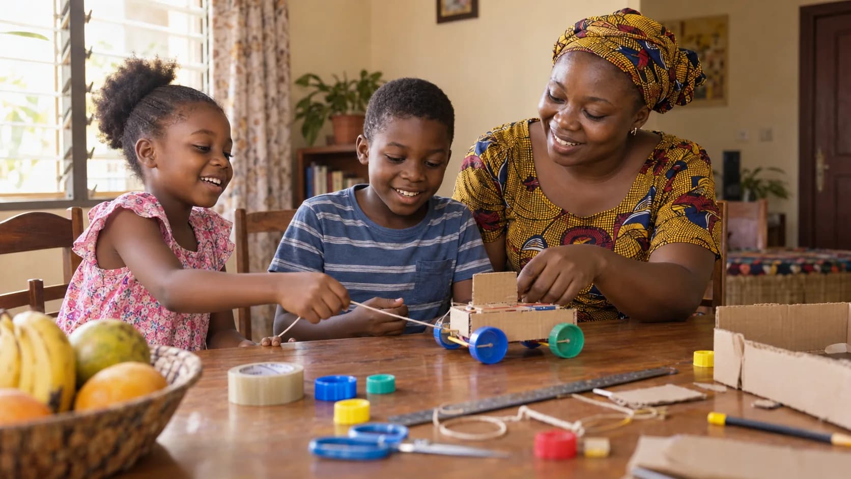 Ghanaian parent supporting two children during a low-cost engineering project at home