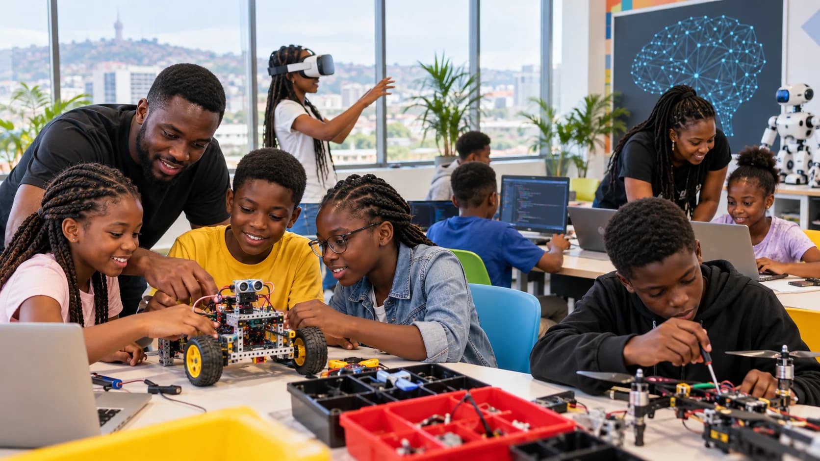 Children enjoying a supervised robotics and AI holiday camp in Accra