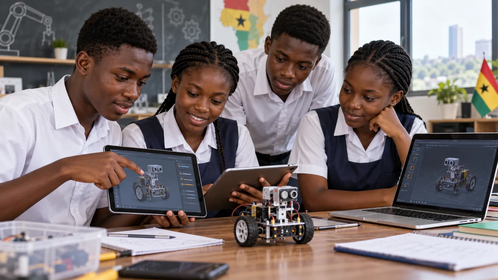 Ghanaian students learning with virtual robotics across tablets and laptops