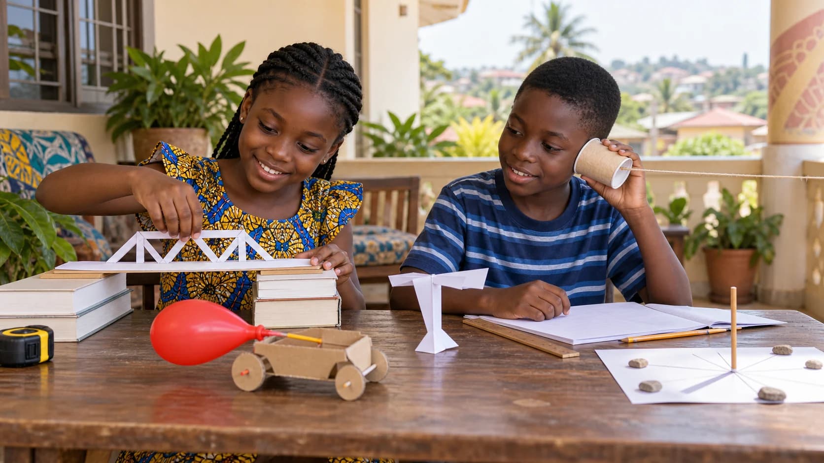 Ghanaian siblings testing several low-cost STEM projects at home