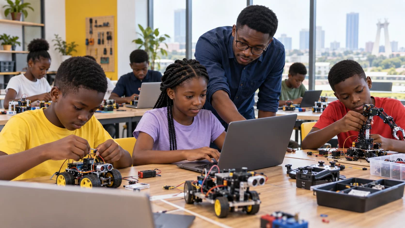 Children building and programming robots in an Accra learning centre