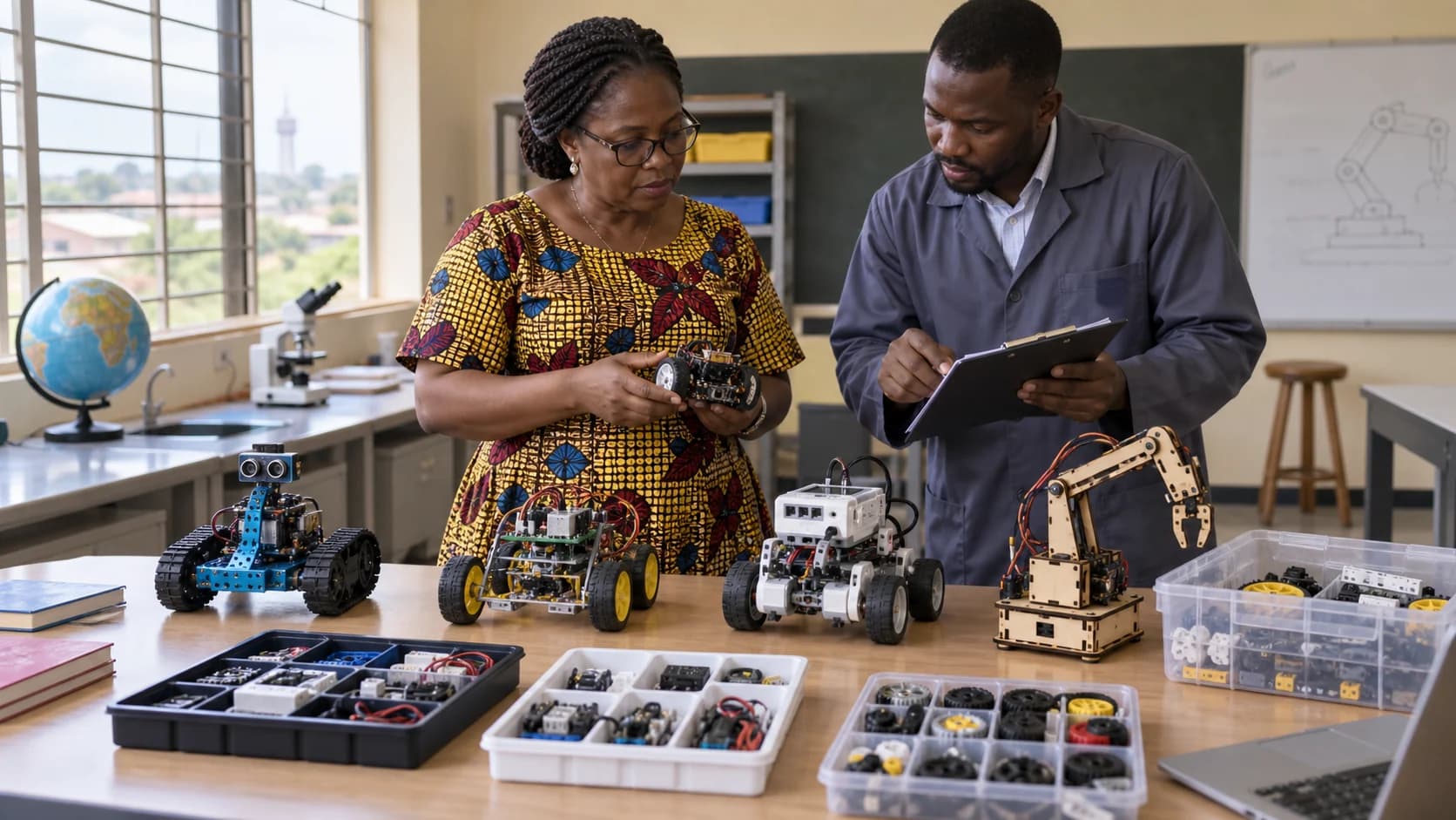 Teacher and technician comparing several educational robotics kits