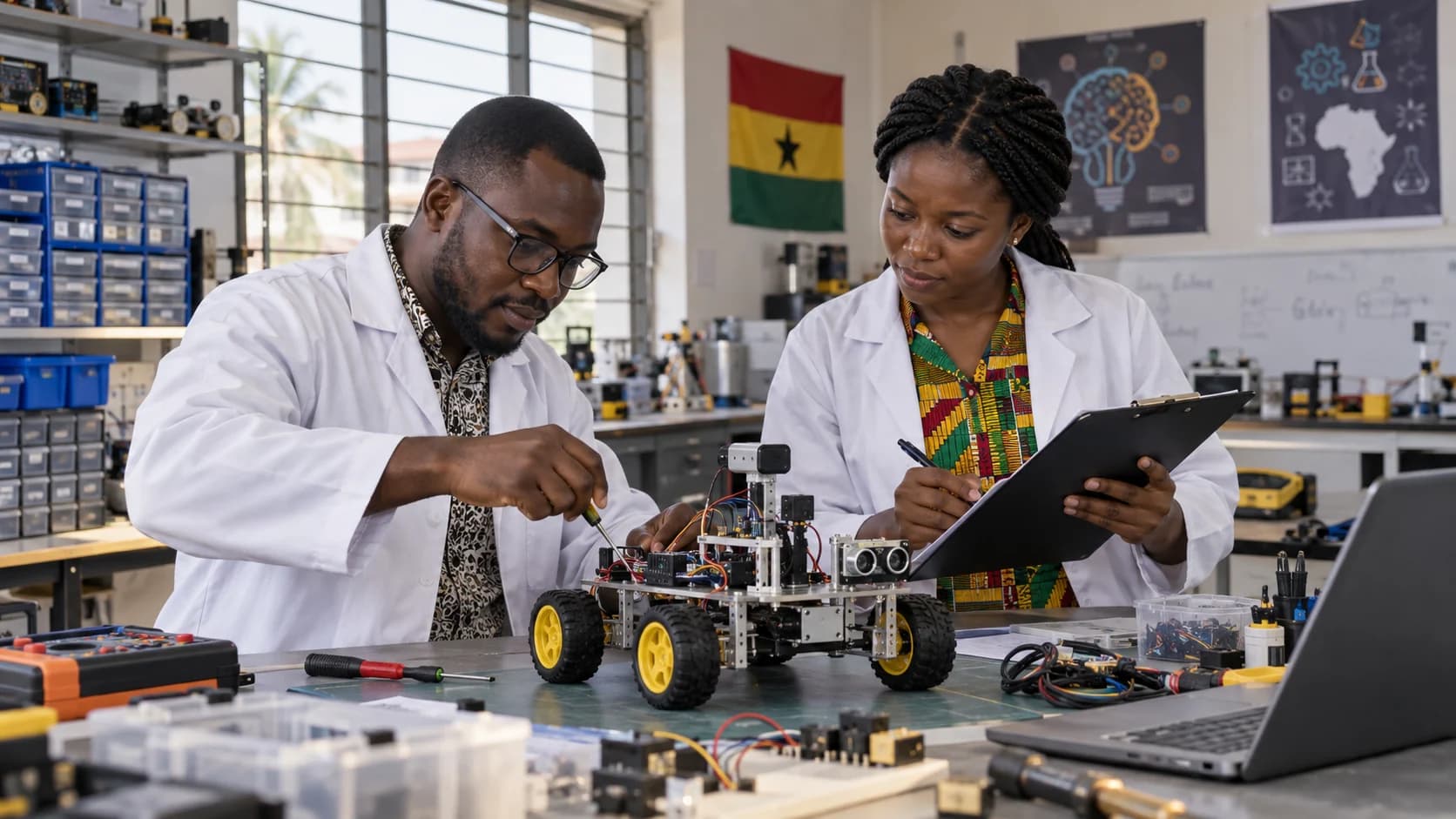 Ghanaian laboratory team maintaining educational robotics equipment