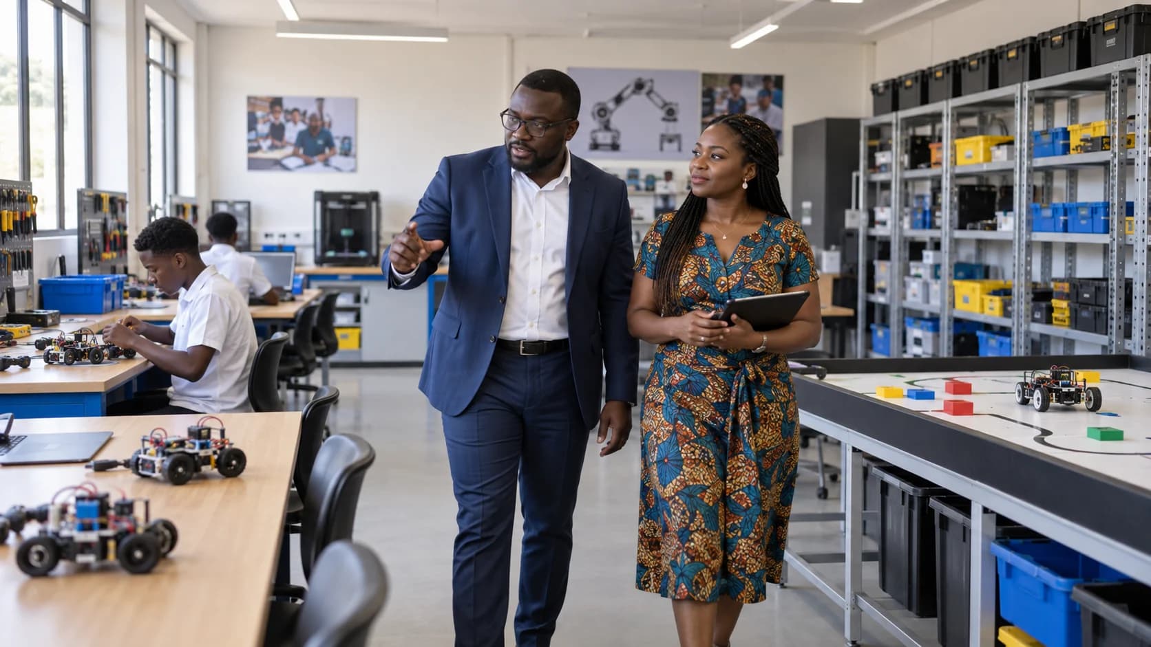 Ghanaian school leader inspecting a professionally organised STEM laboratory