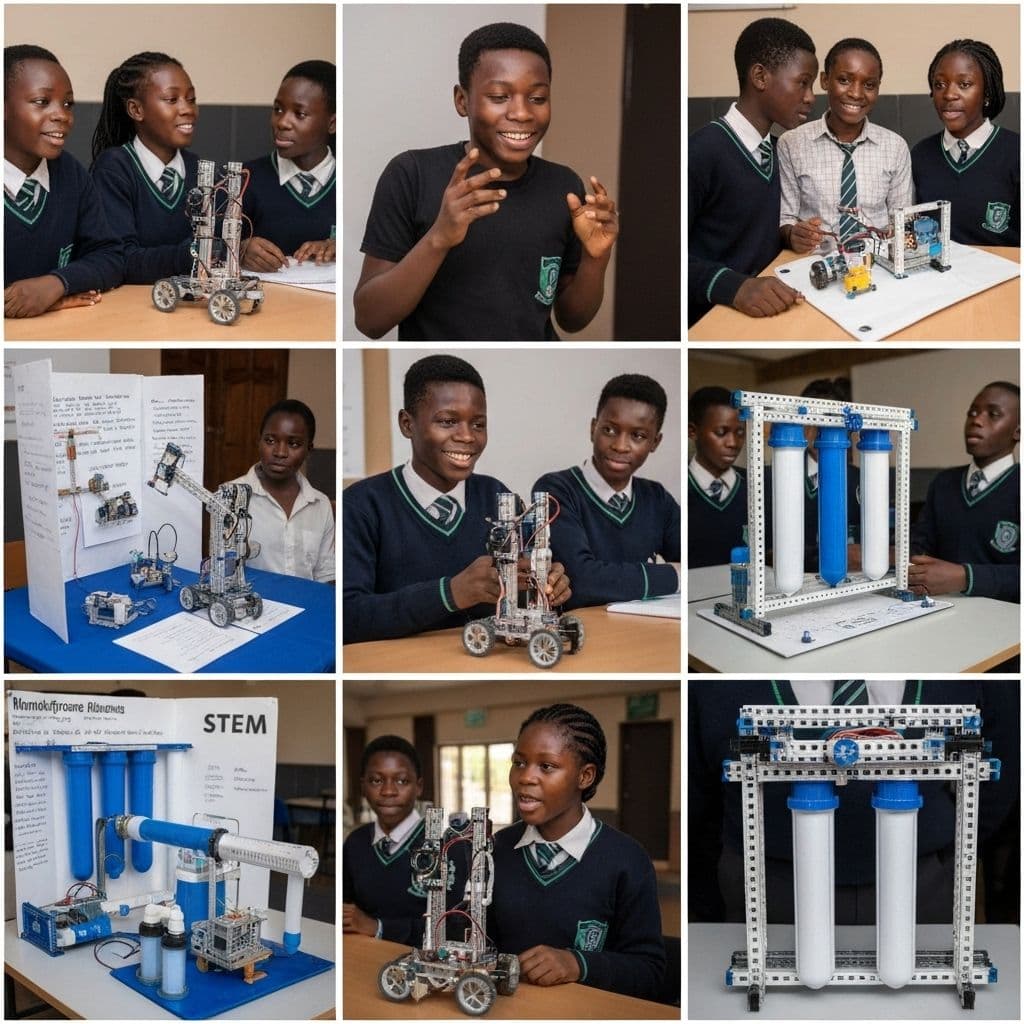 Teacher assessing a student robotics demonstration and design explanation
