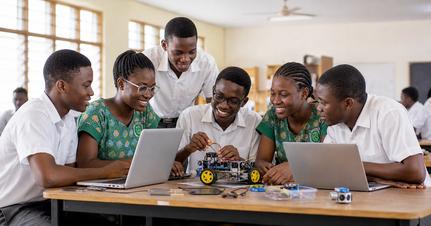 African students engaged in hands-on STEM learning with robotics and technology
