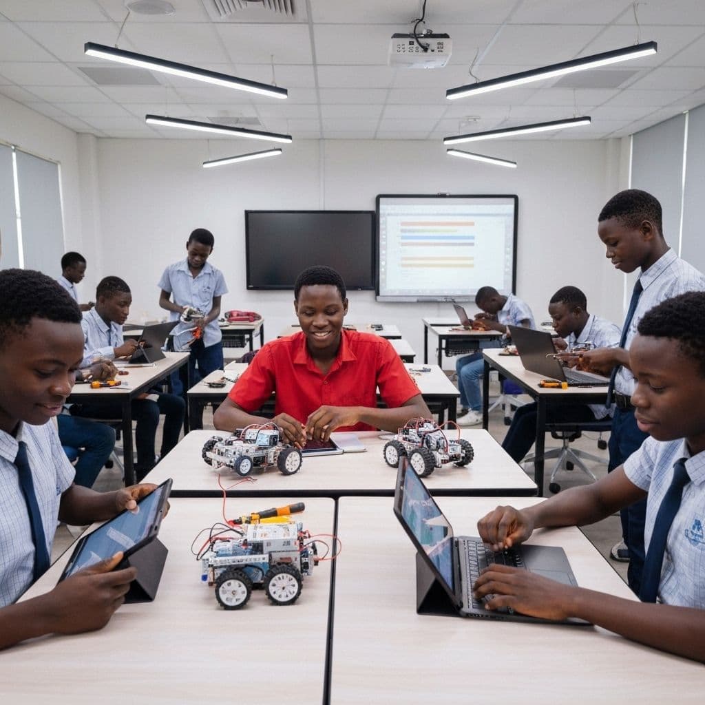Ghanaian students collaboratively building a robot in a modern classroom
